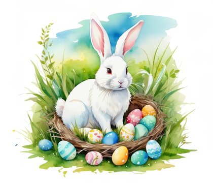 Adorable Easter Bunny with Vibrant Colorful Easter Eggs in the meadow grass, Watercolor Painting Illustration