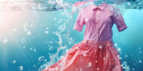 Cleaning clothes. Washing machine or detergent liquid with floating clothes underwater with bubbles and wet splashes - obrazy, fototapety, plakaty