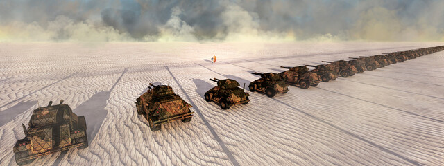 Surreal Desert Mirage: Tanks in Line Under Hazy Sky with Human Presence
