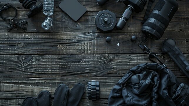 Top view of black and grey fitness accessories on a wooden background, including dumbbells, weight plates, gloves, a sports watch, a music player, and a water bottle