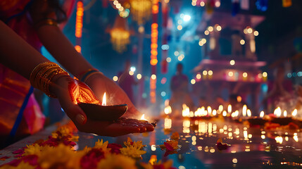 Celebração do Festival de Diwali Fogos de artifício trajes tradicionais e decorações vibrantes em closeup - obrazy, fototapety, plakaty