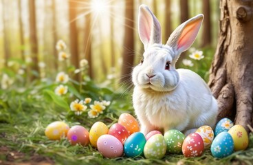 Easter Bunny with Painted Easter Eggs in the Fresh Spring Forest, Festive in the Nature Illustration