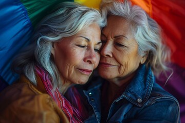 Senior lesbian couple embracing with pride flag