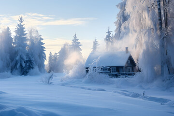 Crisp Winter Wonderland: A Homestead amidst Snow-Laden Trees under the Piercing Winter Sun