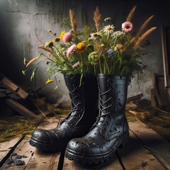 Wildflowers are inserted into to high black boots. Rustic style. Illustration by Generative AI.