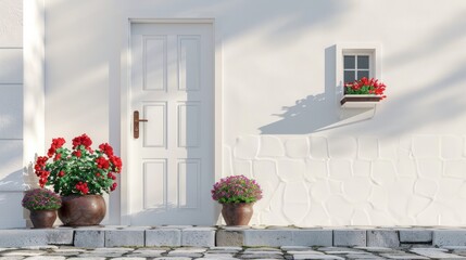 A white front door adorned with small square decorative windows and flanked by flower pots