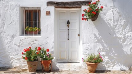 Fototapeta na wymiar A white front door adorned with small square decorative windows and flanked by flower pots