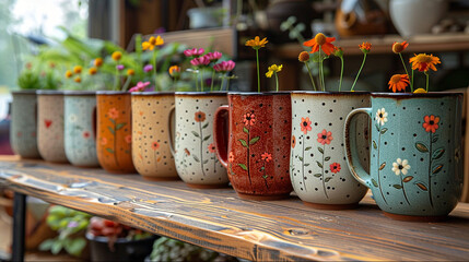 Naklejka na ściany i meble Vibrant floral still life with handmade floral mugs.