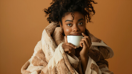 Cozy Autumn Vibes, Young Black Woman Enjoying a Warm Cup of Coffee