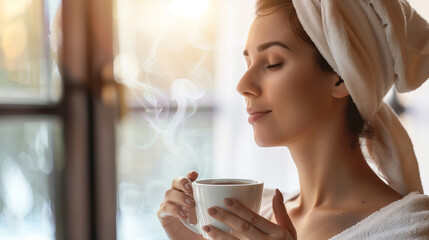 Blissful Morning Ritual, Woman with Towel Hair Enjoying Fresh Coffee