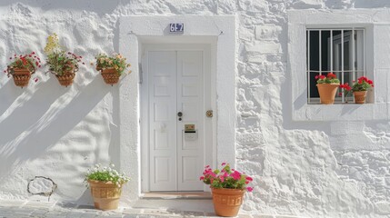 A white front door adorned with small square decorative windows and flanked by flower pots - obrazy, fototapety, plakaty