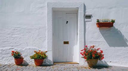 A white front door adorned with small square decorative windows and flanked by flower pots - obrazy, fototapety, plakaty
