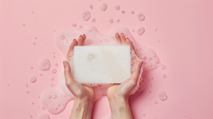 Hands Holding a Bar of Soap Amidst Delicate Suds on Pink Surface - obrazy, fototapety, plakaty