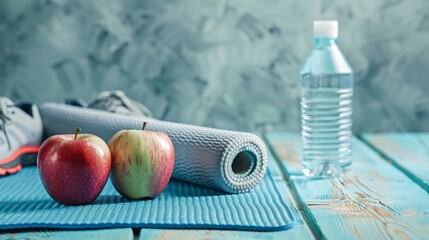 On a blue wooden background, a yoga mat, sports shoes, an apple, and a water bottle illustrate healthy lifestyle, nutrition, sport, and diet, with focus on the equipment