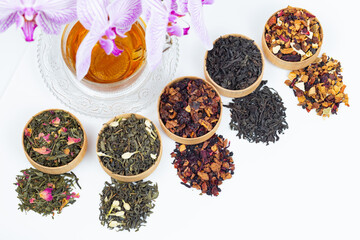 different types of tea on a white background. a kind of delicious fruit tea.