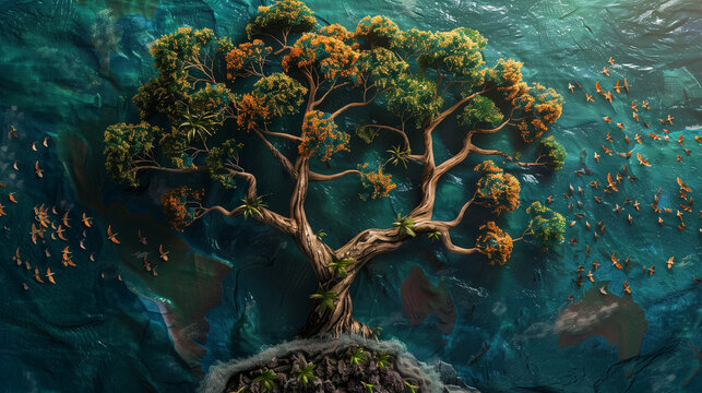 A painting depicting a tree standing tall in the middle of the ocean, symbolizing the resilience of nature in challenging environments