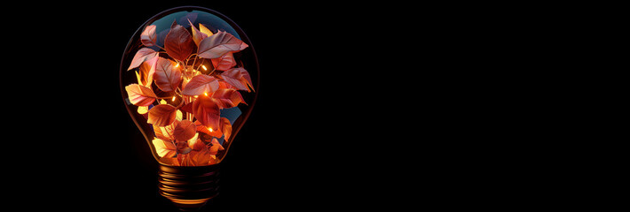 A light bulb filled with vibrant autumn leaves showcases a conceptual blend of nature and technology. Alternative energy concept. Copy space. Banner.
