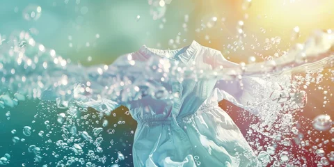 Fotobehang Cleaning clothes. Washing machine or detergent liquid with floating clothes underwater with bubbles and wet splashes © piai