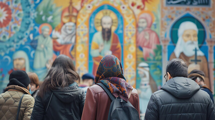 Um grupo diversificado de pessoas sorrindo diante de símbolos e artefatos religiosos de várias culturas