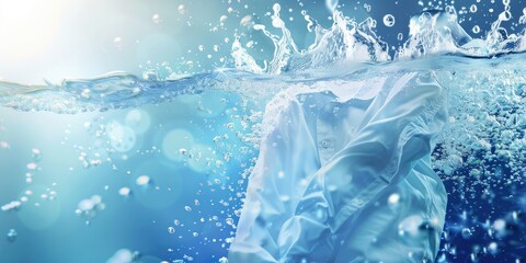 Cleaning clothes. Washing machine or detergent liquid with floating clothes underwater with bubbles and wet splashes - obrazy, fototapety, plakaty