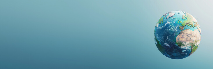 Fototapeta premium A serene representation of Earth suspended against a calm blue backdrop. The concept of environmental protection, World Oceans Day. Copy space. Banner.