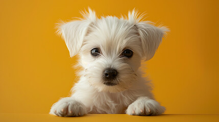 cute white fur puppy on yellow background