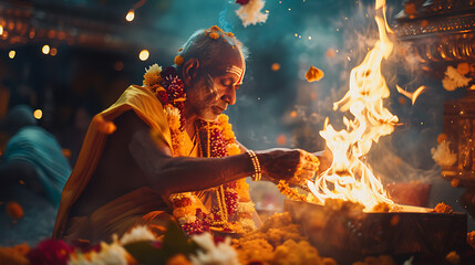 Um sacerdote hindu realizando um ritual de fogo em um templo ao ar livre com guirlandas de flores e incenso