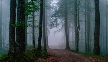 Panorama of foggy forest. Fairy tale spooky looking woods in a misty day. Cold foggy morning