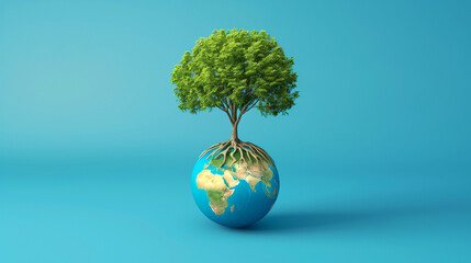 A globe with a tree sprouting from its top, symbolizing global ecology and interconnectedness of nature. Environment protection concept.Earth Day.Copy space. Banner.