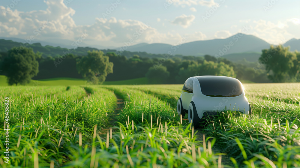 Wall mural A self-driving car embarks on a path across verdant countryside bathed in morning light.White unmanned electric car of the future.Environmental protection concept, refusal of gasoline cars. Copy space