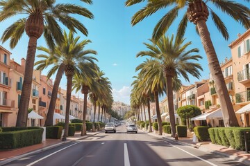 Fototapeta premium palm trees line the street in front of a row of houses