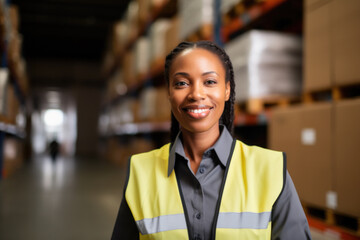 Professional female logistic manager in warehouse. Black woman in high-visibility jacket, overseeing warehouse operations. Strategic planning required to efficiency and meet demands in real-time