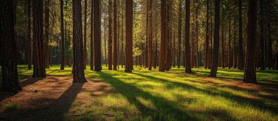 The sun shines through a canopy of pine trees, casting dappled light on the forest floor. Brown pine needles cover the ground, contrasting with the vibrant green grass.