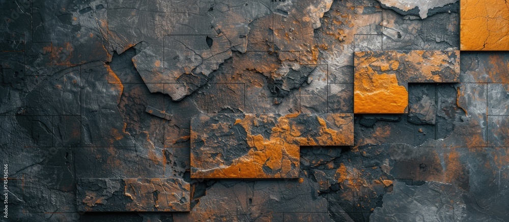 Aufkleber a striking black and yellow wall adorned with orange squares creates a visually dynamic scene. the c