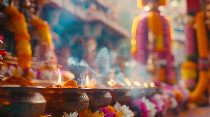Cerimônia Hindu Ritual de um Sacerdote em um Templo Decorado com Ofertas de Flores - obrazy, fototapety, plakaty