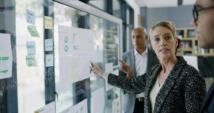 People, scrum or glass board with writing by tablet brainstorming, thinking and project management in office. Collaboration, planning or sticky notes post on wall for creative strategy or workplace
