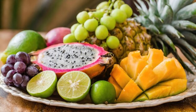 Tropical fruits still life with mango, papaya, pitahaya, passion fruit, grapes, lime 