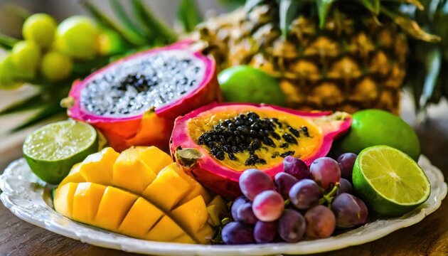 Tropical fruits still life with mango, papaya, pitahaya, passion fruit, grapes, lime 