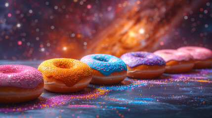 Row of colorful sprinkled donuts against a bright background