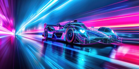 Racing car with neon lines. Speed and motion. Double exposure style - obrazy, fototapety, plakaty