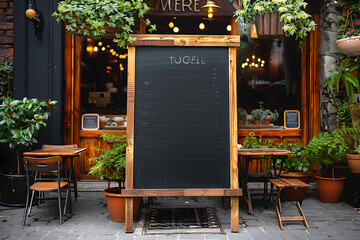 Blank blackboard restaurant shop sign or menu boards near the entrance to restaurant. Cafe menu on the street. Whiteboard sign mockup in front of a restaurant