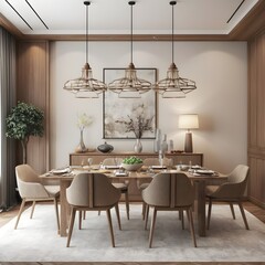 Sketch drawing and 3D representation of an interior dining room