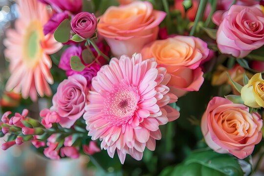Bouquet of pink roses and gerberas in a vase. Ai generated