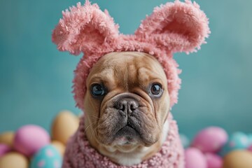 Cute French Bulldog dog with soft pink Easter bunny ears and wearing a knitted sweater against a background of painted Easter eggs. Happy Easter concept