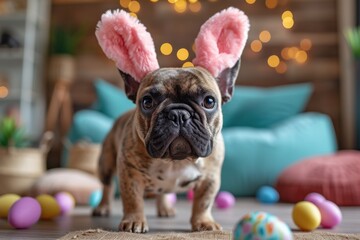 Cute French Bulldog dog with soft pink Easter bunny ears posing with Easter eggs. Happy Easter concept - obrazy, fototapety, plakaty