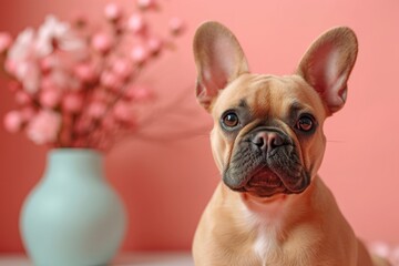 Fototapeta premium A beige French bulldog dog sits and poses on a blurred background with a bouquet of pink flowers. Happy holiday concept