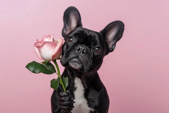 A cute dog of the French bulldog breed gives a pink rose flower while holding it in its paw on a plain pink background. Concept for happy birthday, women's day March 8, mother's day