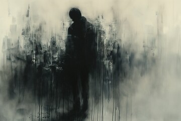 Silhouette of a depressed man experiencing loss and bad events - obrazy, fototapety, plakaty