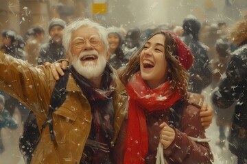 Obraz premium An elderly man with gray hair and a beard and a young girl in a red hat and scarf rejoice and laugh under the snow on a busy street