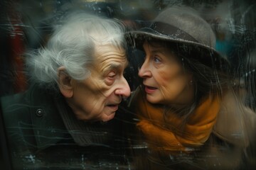 An elderly married couple: a man with gray hair and a woman in a hat look in different directions and each think about their own - obrazy, fototapety, plakaty